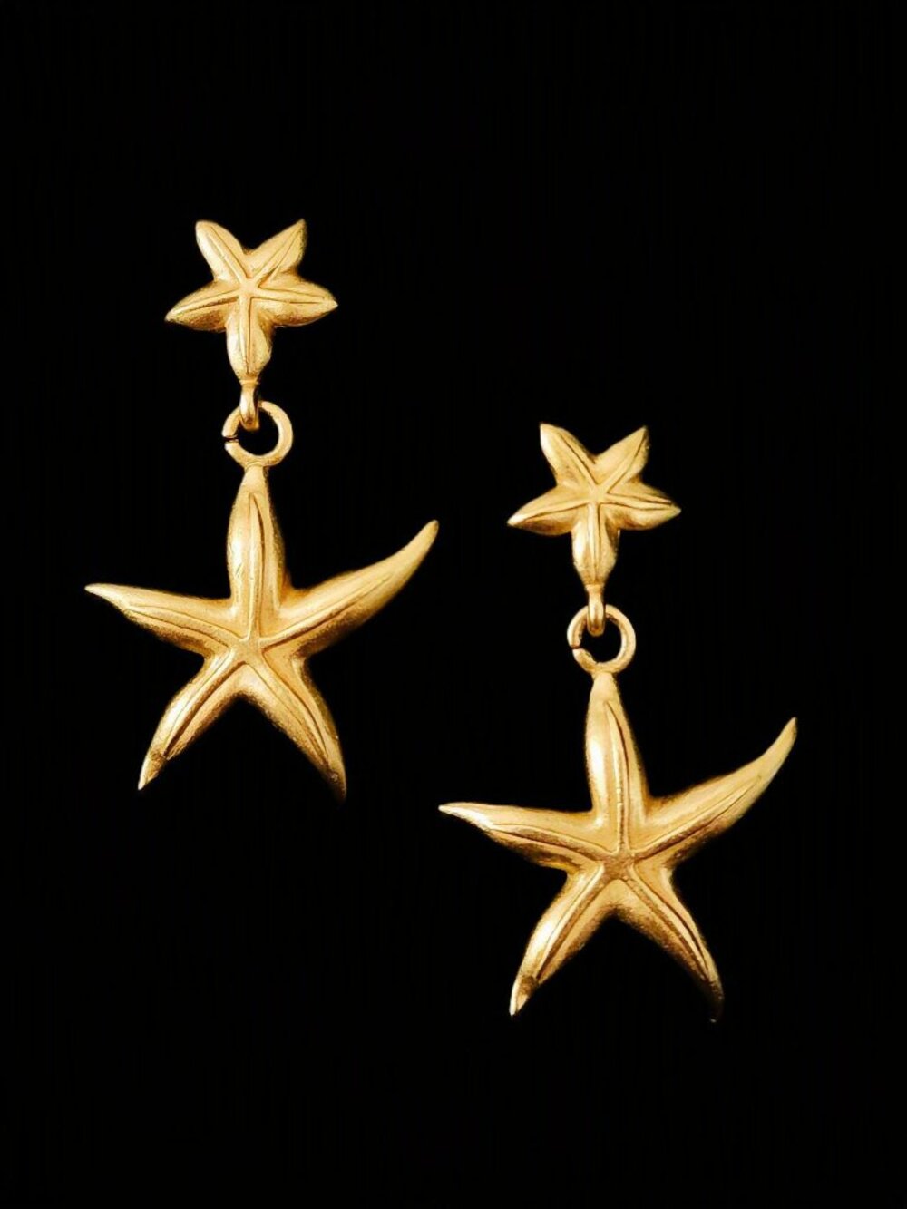 VTG 80s Carolee Brushed Satin Gold Starfish Statement Clip-On Drop Earrings